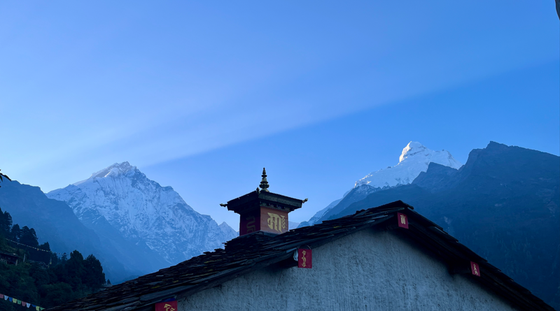 Sunrising from the back of Ganesh Himal and in-front is the gumba lungdang. 